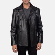 
Vista detalhada of Notch & Buttons Hardware on Mr. Bailey Preto Leather Naval Peacoat para Homem