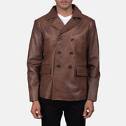 Mr. Bailey Castanho Leather Naval Peacoat para Homem in Brown Cowhide Leather - Front Profile View &amp; Tailored Silhouette | Buy Online