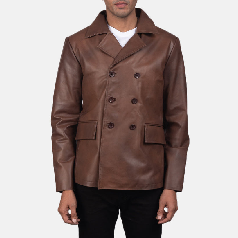 Mr. Bailey Castanho Leather Naval Peacoat para Homem