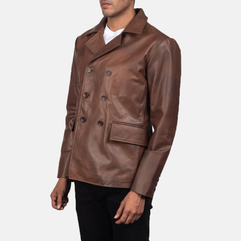 Mr. Bailey Castanho Leather Naval Peacoat para Homem