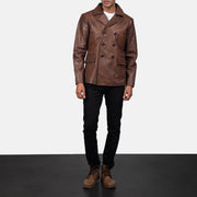 Mr. Bailey Castanho Leather Naval Peacoat para Homem - Lateral Side Profile View Showing Sleeve Cut &amp; Athletic Taper Fit