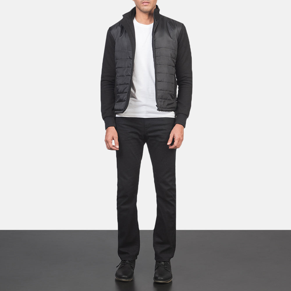 
Nashville Acolchoado Preto Windbreaker Jaqueta de Couro para Homem - Vista lateral mostrando o corte ergonómico de mangas