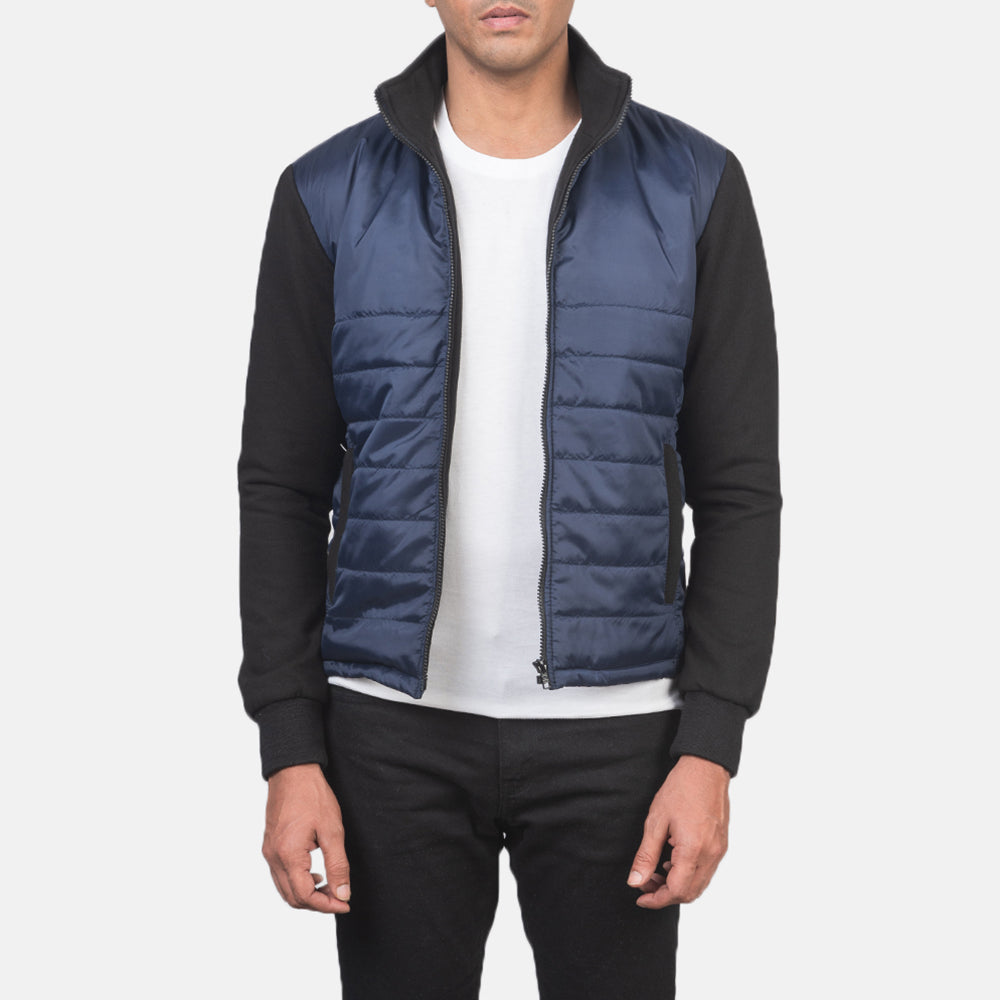 Men's Nashville Acolchoado Azul Windbreaker Blusão de Couro para Homem in Blue &amp; Black Nylon (Torso) &amp;Amp; Knitted Fabric (Sleeves) - Front Profile View &amp; Tailored Silhouette | Buy Online