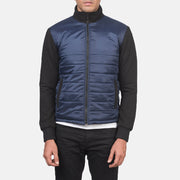 Close-Up Detail of High Neck &amp; Zipper with wind flap Hardware on Men's Nashville Acolchoado Azul Windbreaker Blusão de Couro para Homem