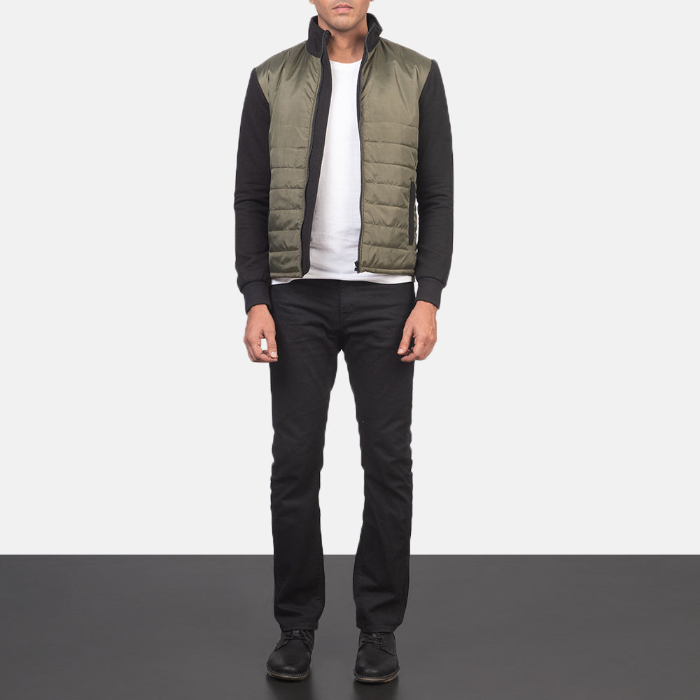 
Nashville Acolchoado Verde Windbreaker Jaqueta de Couro para Homem - Vista lateral mostrando o corte ergonómico de mangas