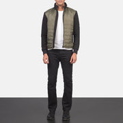 
Nashville Acolchoado Verde Windbreaker Jaqueta de Couro para Homem - Vista lateral mostrando o corte ergonómico de mangas