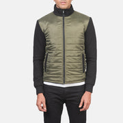 
Vista detalhada of High Neck & Zipper with wind flap Hardware on Nashville Acolchoado Verde Windbreaker Jaqueta de Couro para Homem