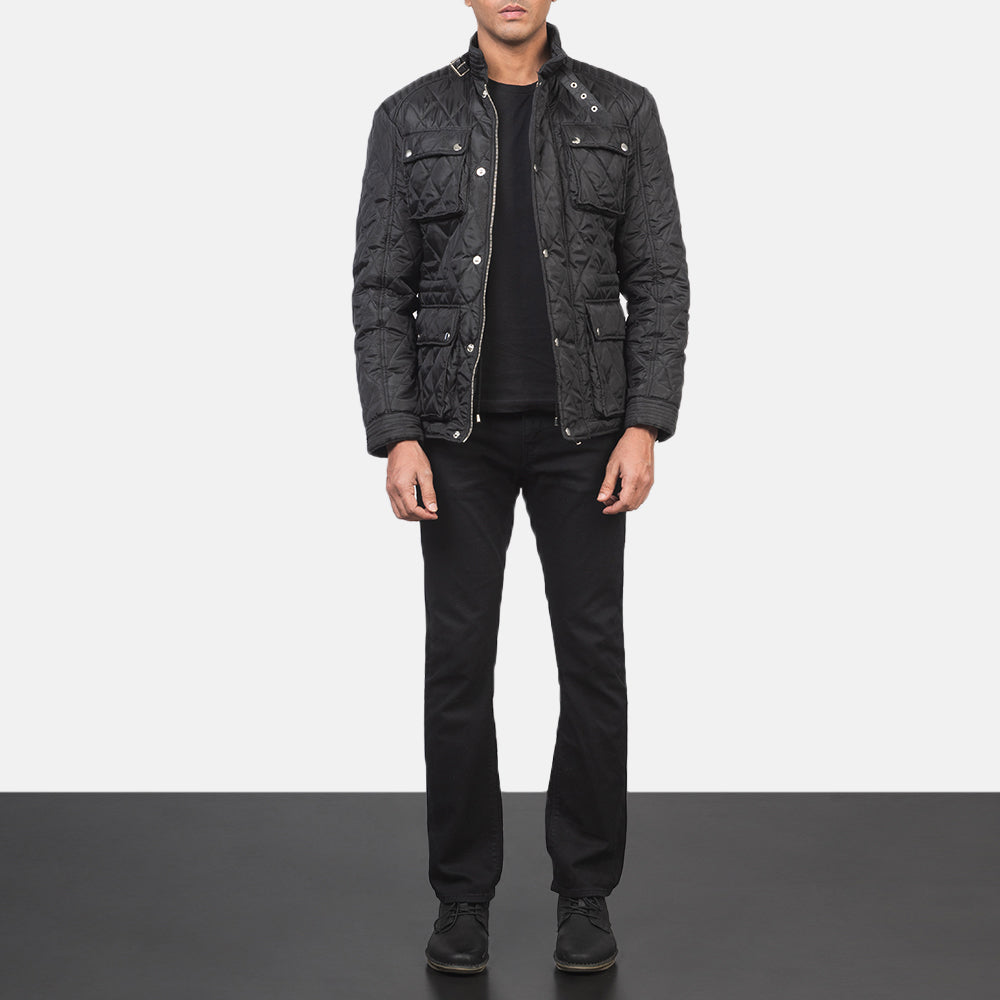 Nelson Quilted Black Windbreaker Jacket - Vista lateral mostrando o corte ergonómico de mangas