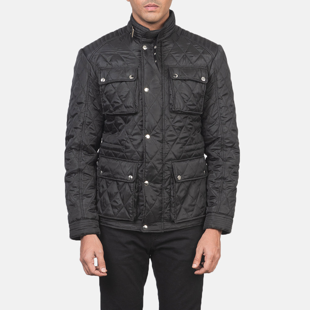 Vista detalhada of Belted Band & Zipper with Front Button Flap Hardware on Nelson Quilted Black Windbreaker Jacket
