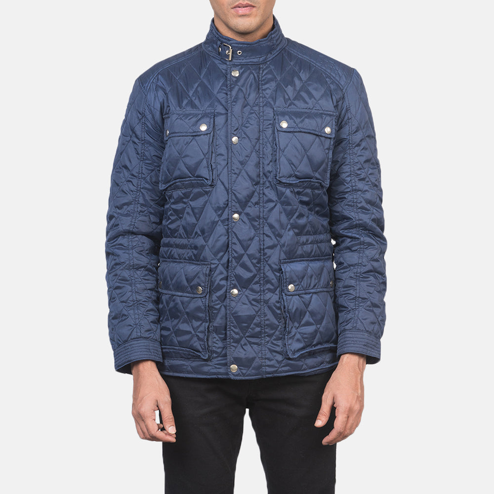 Men's Nelson Acolchoado Azul Windbreaker Blusão de Couro para Homem - Lateral Side Profile View Showing Sleeve Cut &amp; Athletic Taper Fit