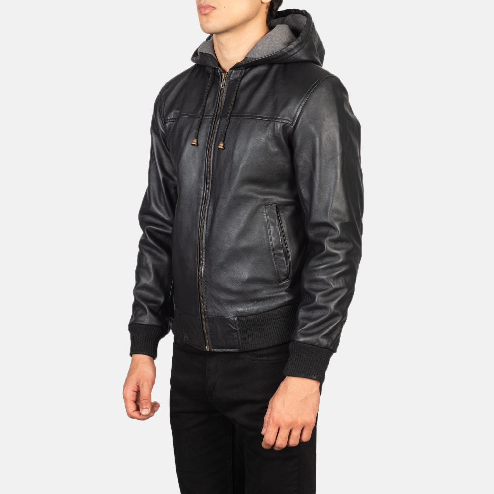 Black Sheepskin Leather Hooded Jacket - Back View Showing Tailored Shoulder Fit &amp; Clean Hemline