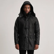
Vista detalhada of Band collar & Zipper with Toggle button Hardware on Nolan Black Snuffed Leather Duffle Coat