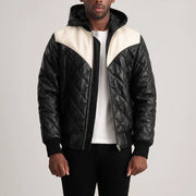 
Norman Tan Hooded Bomber Leather Puffer Jacket in Tan Brown Sheepskin Leather - Vista frontal e silhueta ajustada | Comprar online