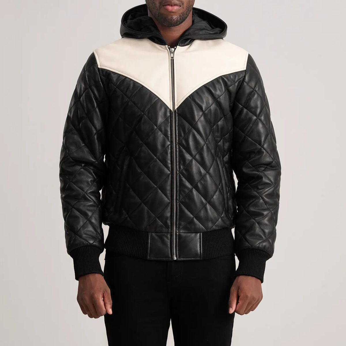 
Vista detalhada of Hooded & Zipper Hardware on Norman Tan Hooded Bomber Leather Puffer Jacket