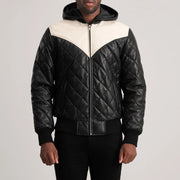 
Vista detalhada of Hooded & Zipper Hardware on Norman Tan Hooded Bomber Leather Puffer Jacket