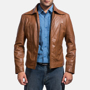 Old School Castanho Blusão de Couro para Homem in Brown Sheepskin Leather - Front Profile View &amp; Tailored Silhouette | Buy Online