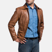 Old School Castanho Blusão de Couro para Homem - Lateral Side Profile View Showing Sleeve Cut &amp; Athletic Taper Fit