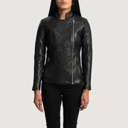 Women's Orient Grain Acolchoado Preto Blusão Biker de Couro para Mulher in Black Sheepskin Leather - Front Profile View &amp; Tailored Silhouette | Buy Online