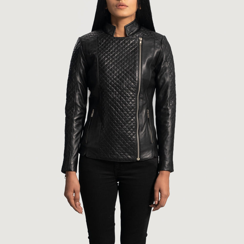 Orient Grain Acolchoado Preto Blusão Biker de Couro para Mulher
