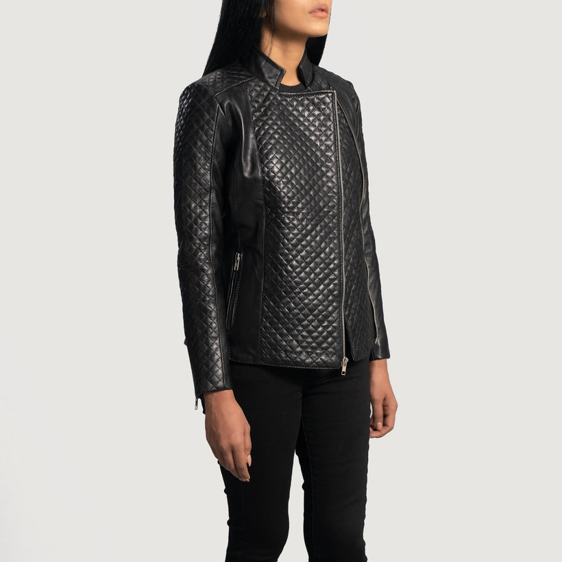 Orient Grain Acolchoado Preto Blusão Biker de Couro para Mulher