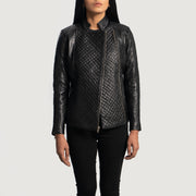 Women's Orient Grain Acolchoado Preto Blusão Biker de Couro para Mulher - Lateral Side Profile View Showing Sleeve Cut &amp; Athletic Taper Fit