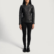 Close-Up Detail of Band &amp; Zipper Hardware on Women's Orient Grain Acolchoado Preto Blusão Biker de Couro para Mulher