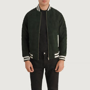 Pascal Verde Suede Varsity Blusão de Couro para Homem in Green Goatskin Suede - Front Profile View &amp; Tailored Silhouette | Buy Online