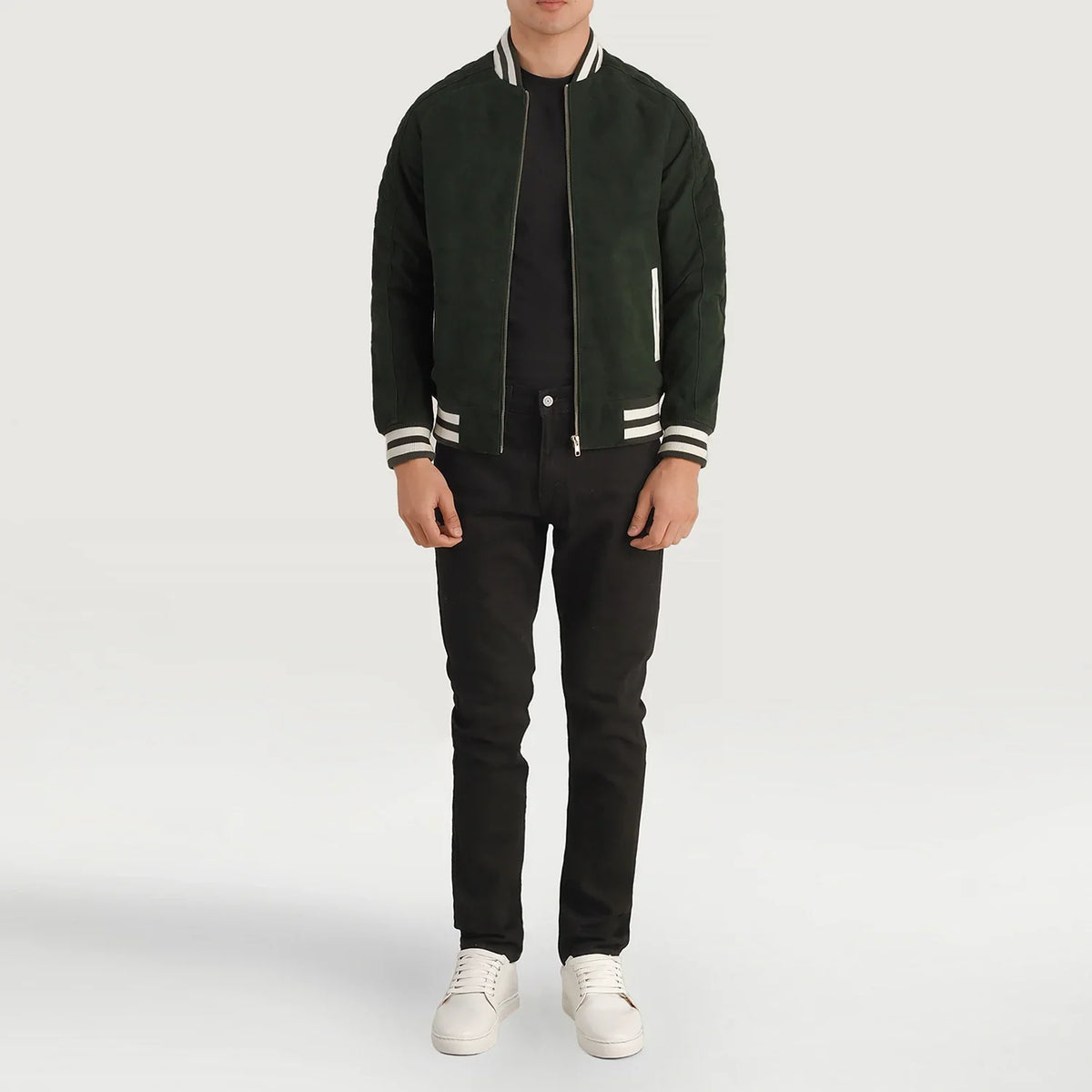 Pascal Verde Suede Varsity Blusão de Couro para Homem - Lateral Side Profile View Showing Sleeve Cut &amp; Athletic Taper Fit