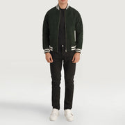 Pascal Verde Suede Varsity Blusão de Couro para Homem - Lateral Side Profile View Showing Sleeve Cut &amp; Athletic Taper Fit