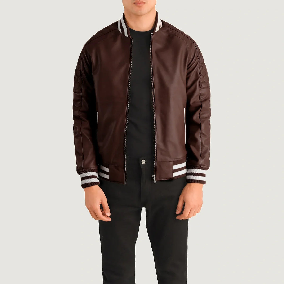 Pascal Bordô Leather Varsity Blusão de Couro para Homem in Maroon Sheepskin Leather - Front Profile View &amp; Tailored Silhouette | Buy Online