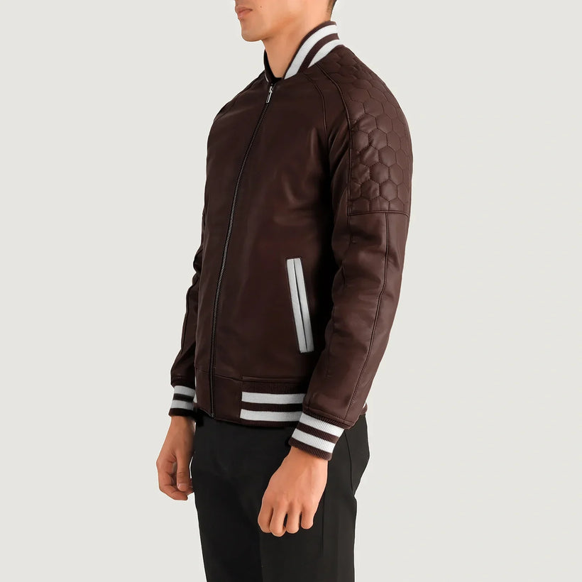 Pascal Bordô Leather Varsity Jaqueta de Couro para Homem