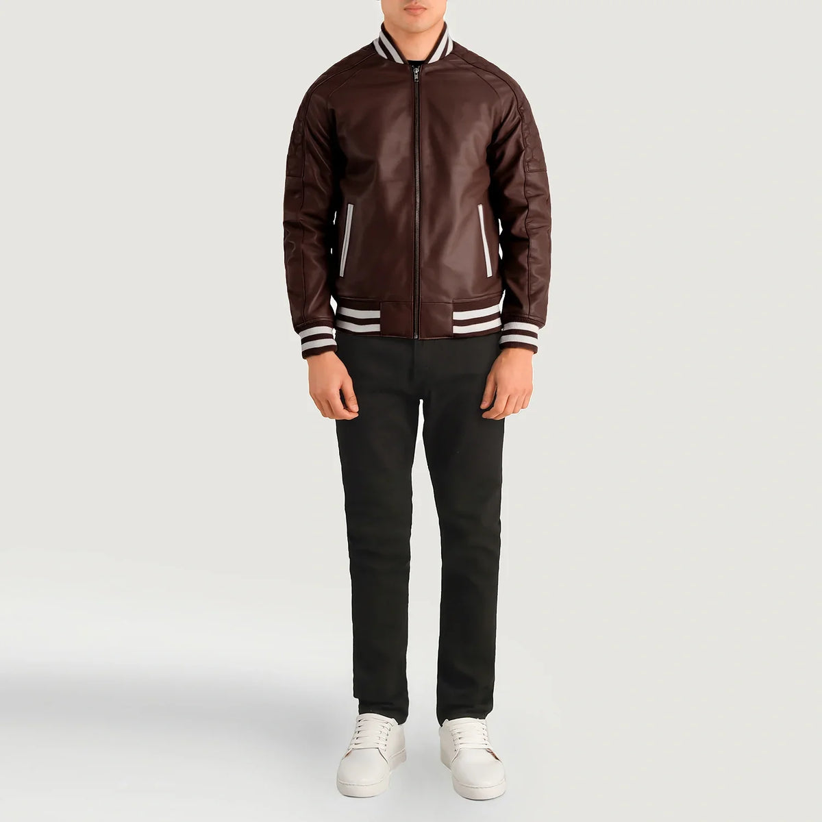 Pascal Bordô Leather Varsity Blusão de Couro para Homem - Lateral Side Profile View Showing Sleeve Cut &amp; Athletic Taper Fit