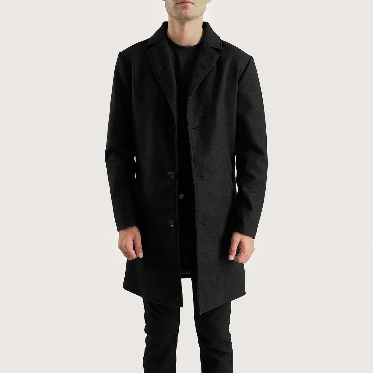 Petrillo Preto Wool Single Breasted Casaco de Couro para Homem in Black Synthetic Wool - Front Profile View &amp; Tailored Silhouette | Buy Online