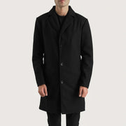 Close-Up Detail of Notch &amp; Button Hardware on Petrillo Preto Wool Single Breasted Casaco de Couro para Homem