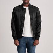 Quinton MA-1 Preto Blusão Bomber de Couro para Homem - Lateral Side Profile View Showing Sleeve Cut &amp; Athletic Taper Fit
