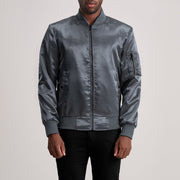 Quinton MA-1 Grey Blusão Bomber de Couro para Homem in Grey Satin - Front Profile View &amp; Tailored Silhouette | Buy Online