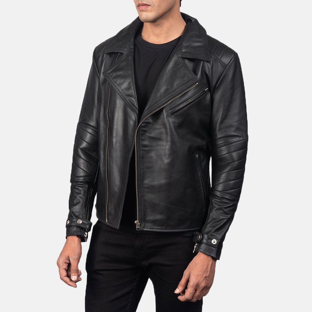 Black Cowhide Leather Biker Jacket - Back View Showing Tailored Shoulder Fit &amp; Clean Hemline