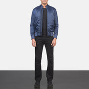 Men's Ramon Azul Blusão Bomber de Couro para Homem - Lateral Side Profile View Showing Sleeve Cut &amp; Athletic Taper Fit