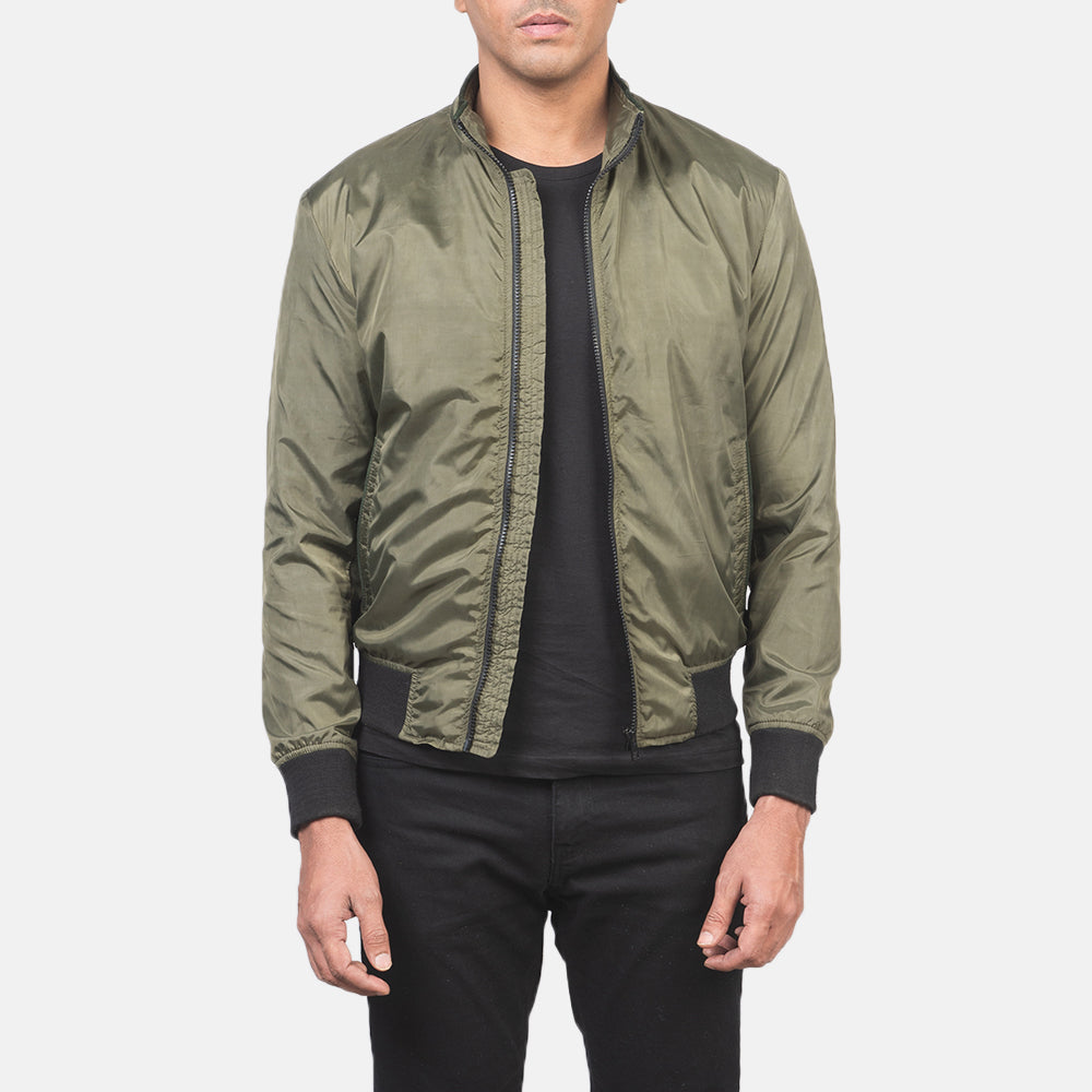 Men's Ramon Verde Blusão Bomber de Couro para Homem in Green Nylon - Front Profile View &amp; Tailored Silhouette | Buy Online