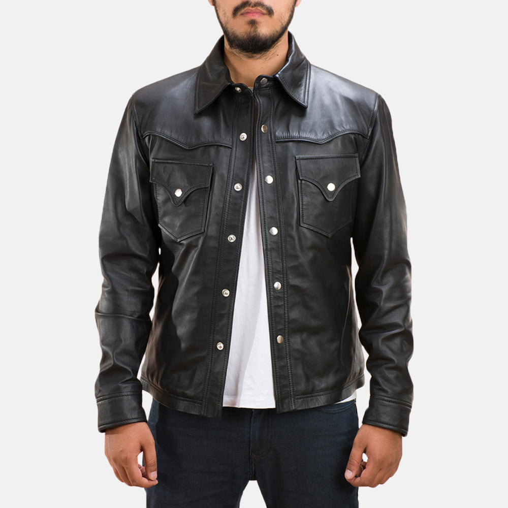 Men's Ranchson Preto Leather Shirt para Homem in Black Sheepskin Leather - Front Profile View &amp; Tailored Silhouette | Buy Online