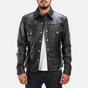 Men's Ranchson Preto Leather Shirt para Homem in Black Sheepskin Leather - Front Profile View &amp; Tailored Silhouette | Buy Online