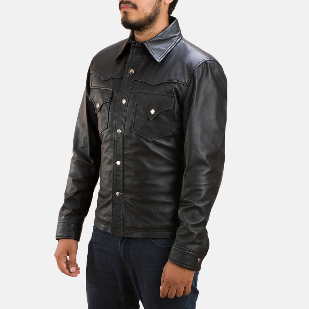 Men's Ranchson Preto Leather Shirt para Homem - Lateral Side Profile View Showing Sleeve Cut &amp; Athletic Taper Fit