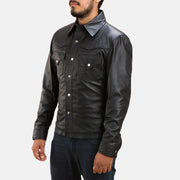 Men's Ranchson Preto Leather Shirt para Homem - Lateral Side Profile View Showing Sleeve Cut &amp; Athletic Taper Fit