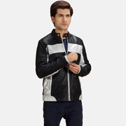 Randolf Silver Preto Blusão Biker de Couro para Homem in Black &amp; silver Sheepskin Leather - Front Profile View &amp; Tailored Silhouette | Buy Online