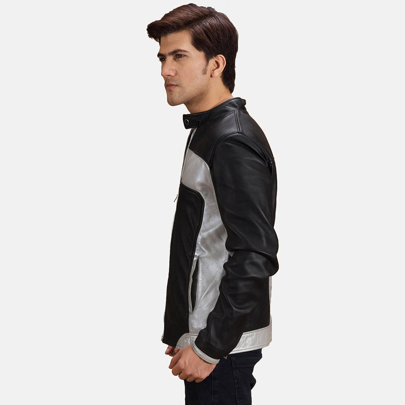Randolf Silver Preto Jaqueta Biker de Couro para Homem