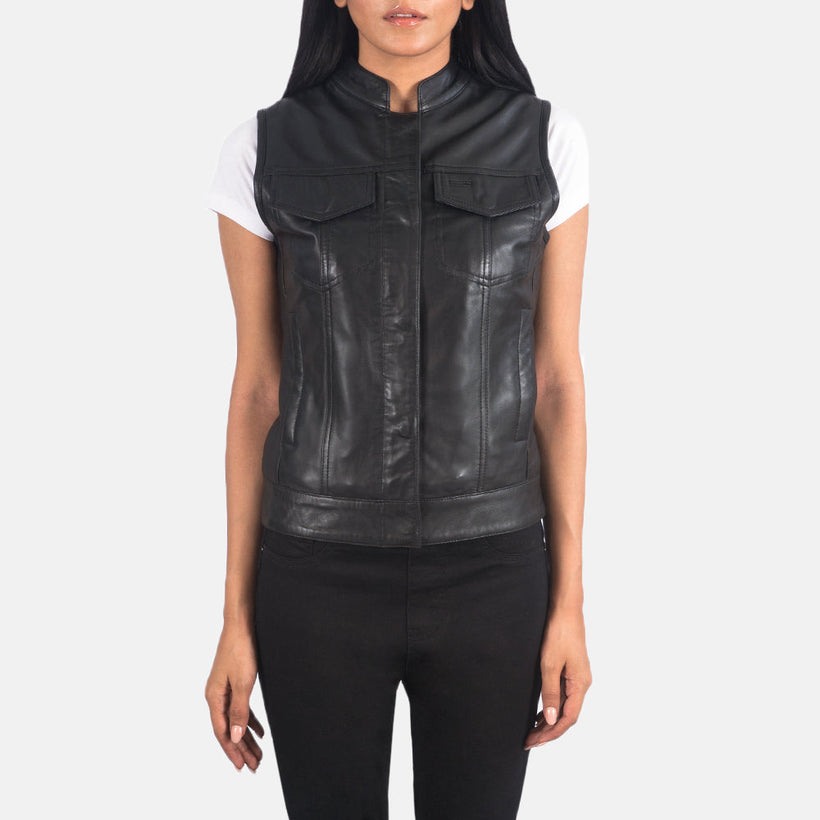 Rayne Moto Preto Colete em Couro para Mulher