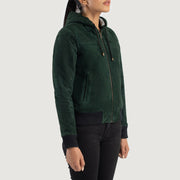
Green Goatskin Suede Bomber Jacket - Vista traseira com ombros definidos e bainha impecável
