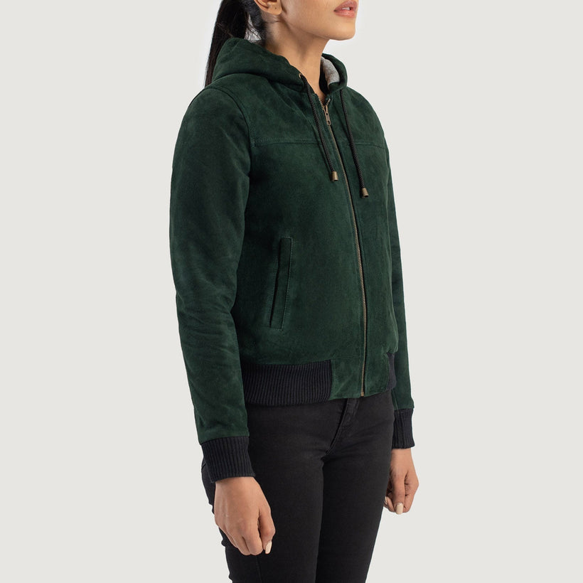 Rebella Hooded Jaqueta Bomber de Couro para Mulher