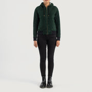 
Rebella Green Hooded Suede Bomber Jacket - Vista lateral mostrando o corte ergonómico de mangas