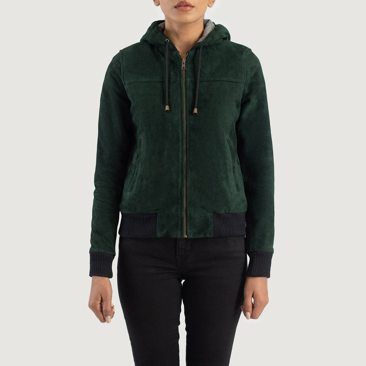 
Vista detalhada of Hooded & Zipper Hardware on Rebella Green Hooded Suede Bomber Jacket